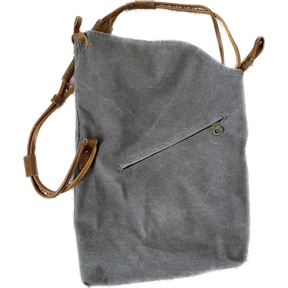 Tom Clovers Womens Gray Canvas Leather Strap Lined Messenger Crossbody Tote Bag